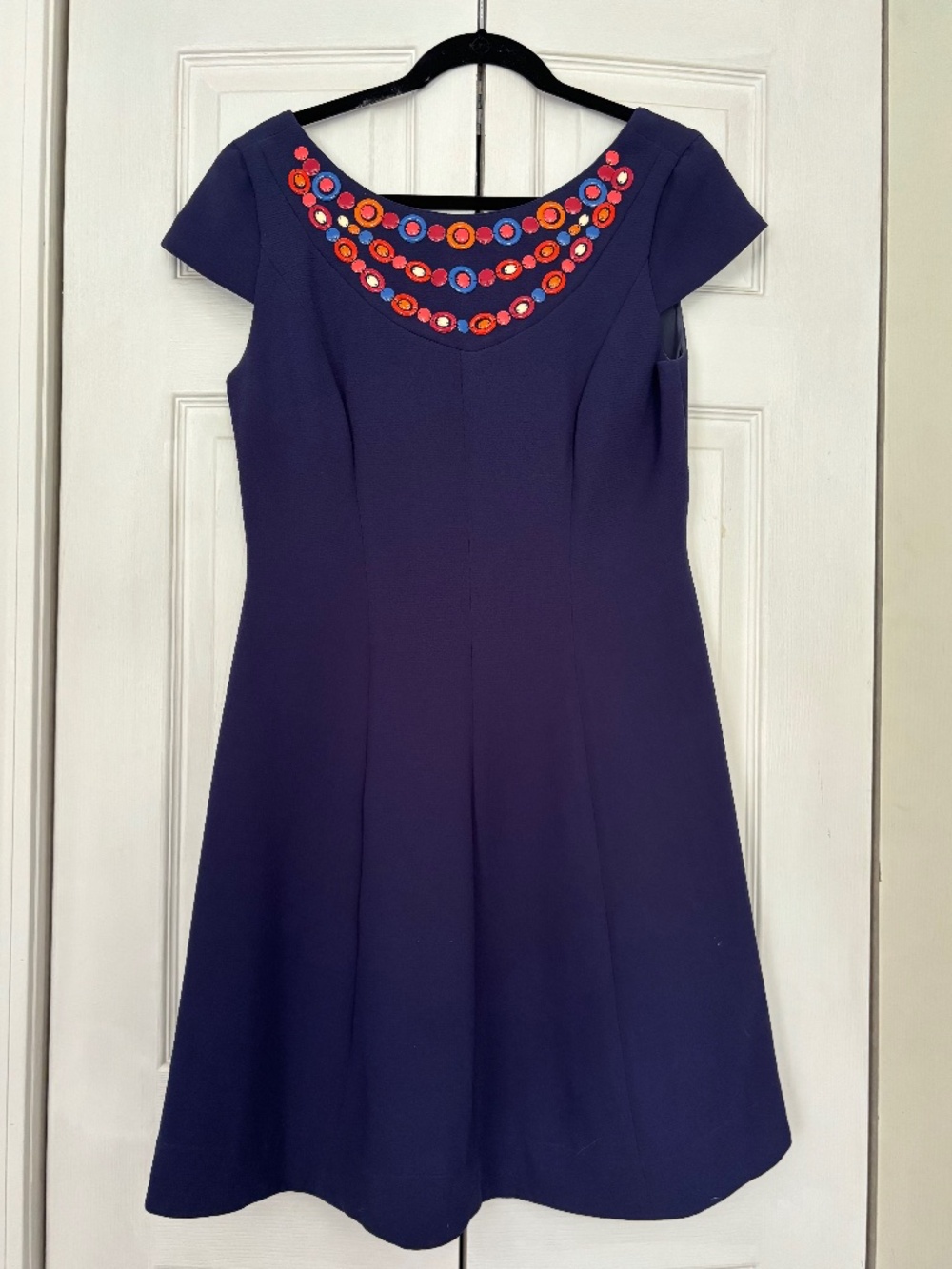 Shoshanna Navy Blue Fit & Flare Dress Beaded Neckline Size 10